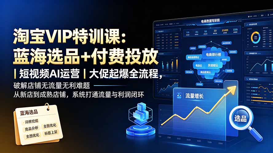 淘宝VIP特训课：蓝海选品+付费投放｜短视频AI运营｜大促起爆全流程，破解店铺无流量无利润难题-源创文化