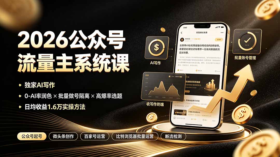2026公众号流量主系统课：独家AI写作×0-AI率润色×批量做号隔离×高爆率选题，日均收益1.6万实操方法-源创文化