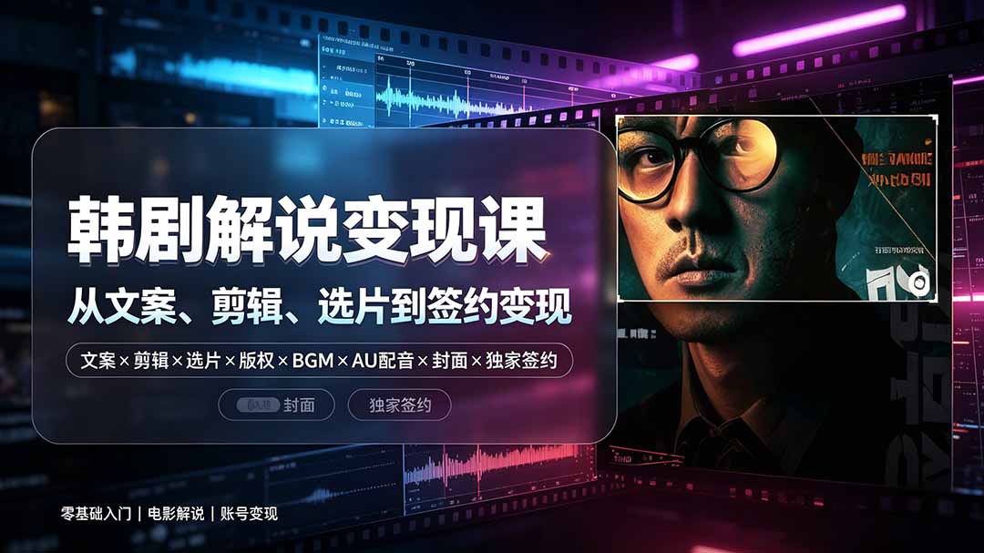 抖音270W粉丝博主亲授韩剧解说课：文案×剪辑×选片×版权×BGM×AU配音×封面×独家签约，零基础到变现-源创文化