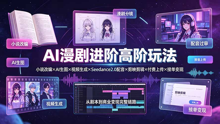 AI漫剧进阶高阶玩法：小说改编×AI生图×视频生成×Seedance2.0配音×剪映剪辑×付费上传×接单变现-源创文化