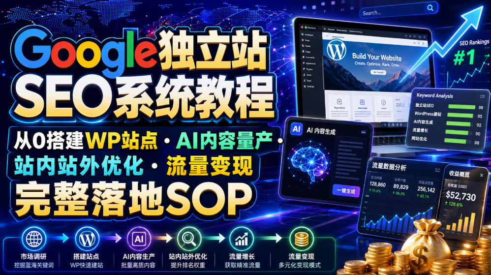 Google独立站SEO系统教程，从0搭建WP站点・AI内容量产・站内站外优化・流量变现完整落地SOP(2026年7月)-源创文化