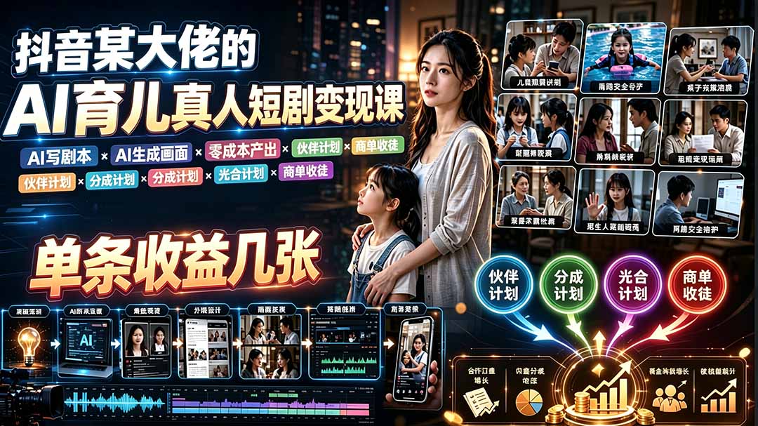 AI育儿真人短剧变现课：AI写剧本×AI生成画面×零成本产出×伙伴计划×分成计划×光合计划×商单收徒-源创文化
