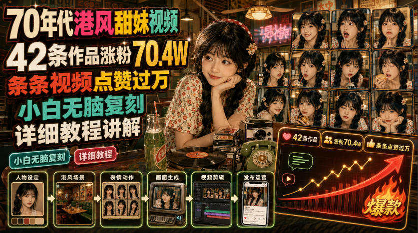 70年代港风甜妹视频,42条作品涨粉70.4W,条条视频点赞过万,小白无脑复刻,详细教程讲解-源创文化