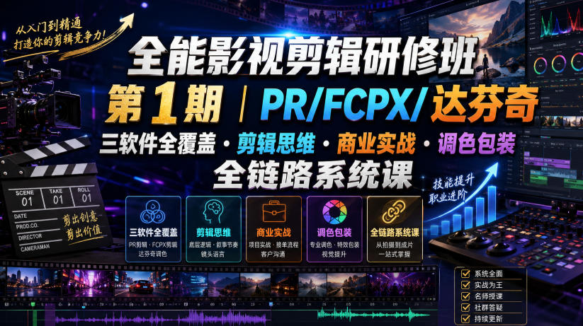 全能影视剪辑研修班第1期｜PR/FCPX/达芬奇三软件全覆盖・剪辑思维・商业实战・调色包装全链路系统课-源创文化