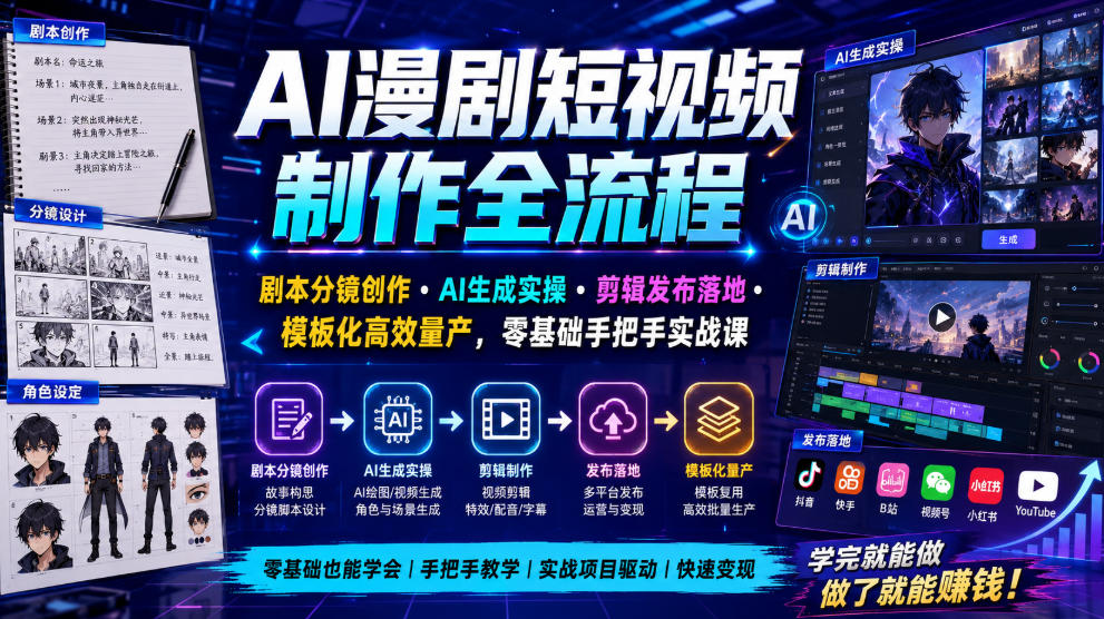 AI漫剧短视频制作全流程｜剧本分镜创作・AI生成实操・剪辑发布落地・模板化高效量产，零基础手把手实战课-源创文化