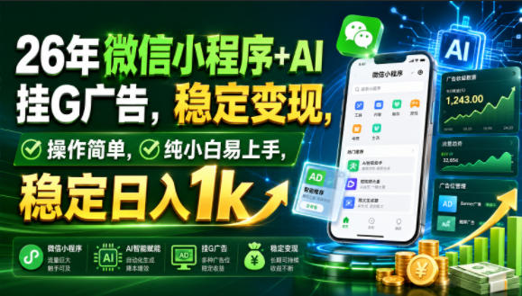 26年微信小程序+AI挂G广告，稳定变现，操作简单，纯小白易上手，稳定日入1k【揭秘】-源创文化