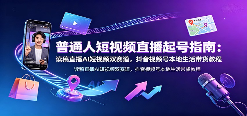 普通人短视频直播起号指南：读稿直播AI短视频双赛道，抖音视频号本地生活带货教程-源创文化