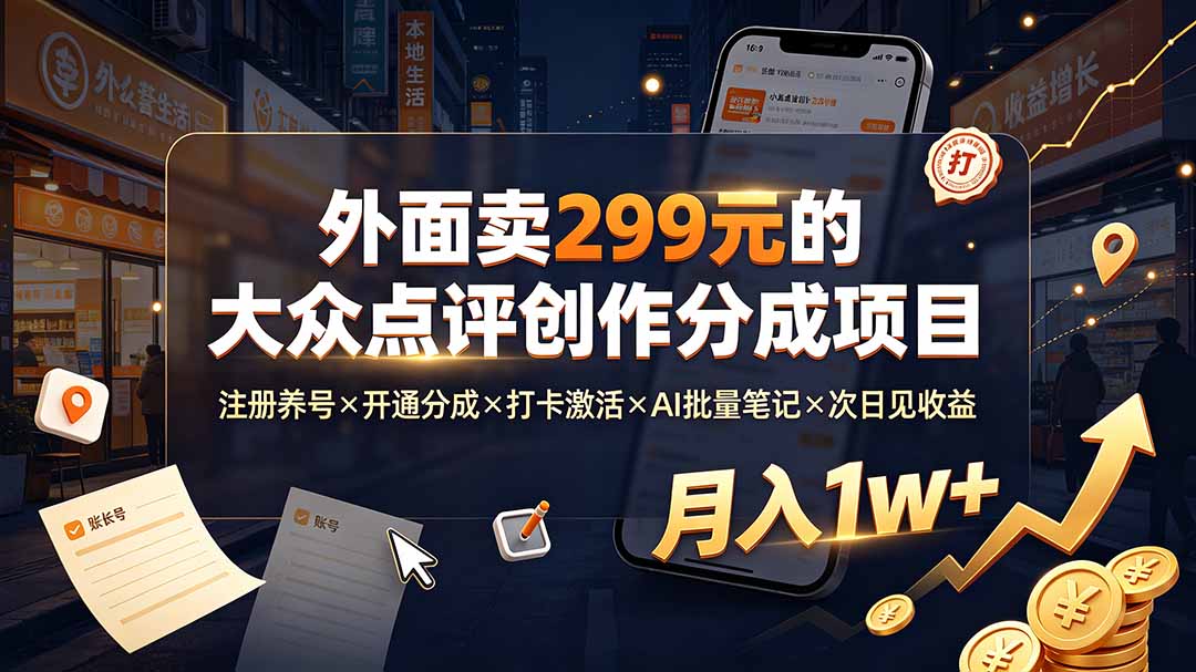 外面卖299元的大众点评创作分成项目：注册养号×开通分成×打卡激活×AI批量笔记×次日见收益，月入1w+-源创文化