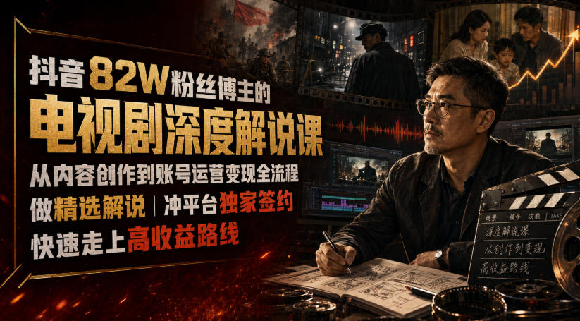 抖音82W粉丝博主的电视剧深度解说课，从内容创作到账号运营变现全流程，做精选解说，冲平台独家签约，快速走上高收益路线-源创文化