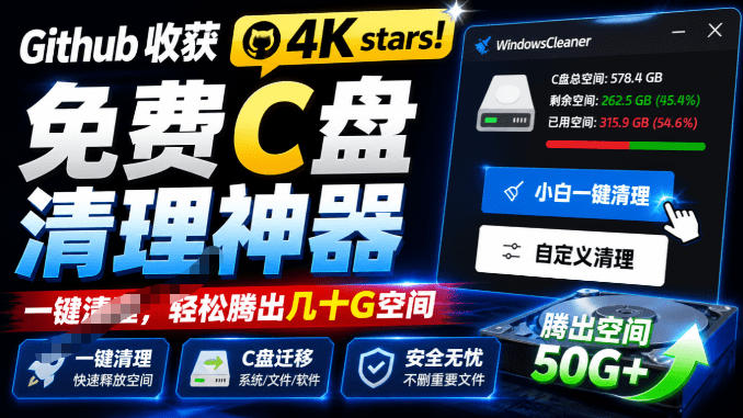 Github收获4K stars！免费C盘清理神器，轻松腾出几十G空间，支持C盘迁移Windows Cleaner-源创文化