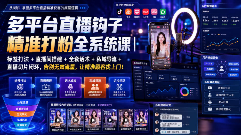 多平台直播钩子精准打粉全系统课｜标签打法+直播间搭建+全套话术+私域导流+直播切片闭环，告别无效流量，让精准顾客找上门！-源创文化