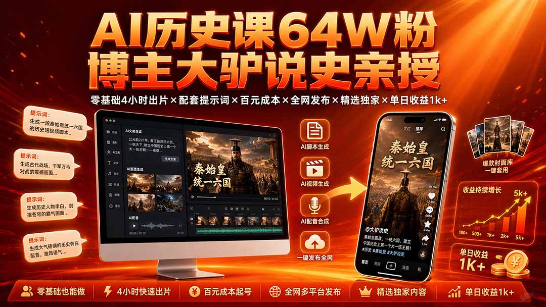 AI历史课64W粉博主大驴说史亲授：零基础4小时出片×配套提示词×百元成本×全网发布×精选独家×单日收益1k+-源创文化