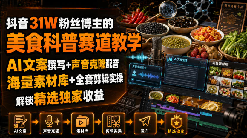 抖音31W粉丝博主的美食科普赛道教学，AI文案撰写+声音克隆配音+剪辑实操，解锁精选独家收益-源创文化