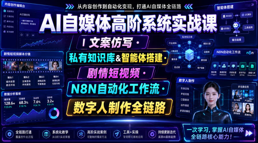 AI自媒体高阶系统实战课｜文案仿写・私有知识库&智能体搭建・剧情短视频・N8N自动化工作流・数字人制作全链路-源创文化