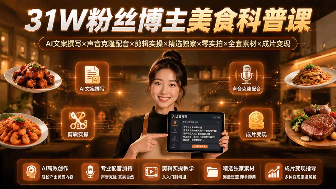 31W粉丝博主美食科普课：AI文案撰写×声音克隆配音×剪辑实操×精选独家×零实拍×全套素材×成片变现-源创文化