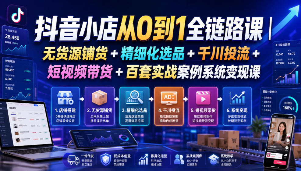 抖音小店从0到1全链路课｜无货源铺货+精细化选品+千川投流+短视频带货+百套实战案例系统变现课(2026年7月更新)-源创文化