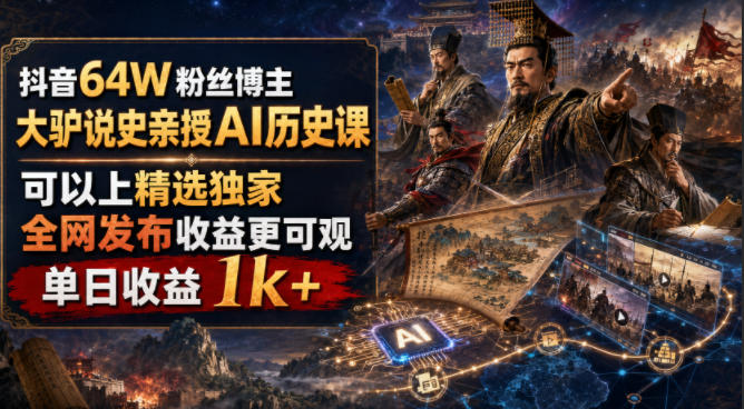 抖音64W粉丝博主大驴说史亲授AI历史课，可以上精选独家，全网发布收益更可观，单日收益1k+-源创文化