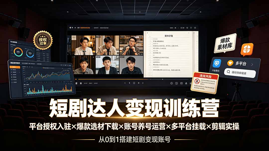 短剧达人变现训练营：平台授权入驻×爆款选材下载×账号养号运营×多平台挂载×剪辑实操×违规处理全流程-源创文化