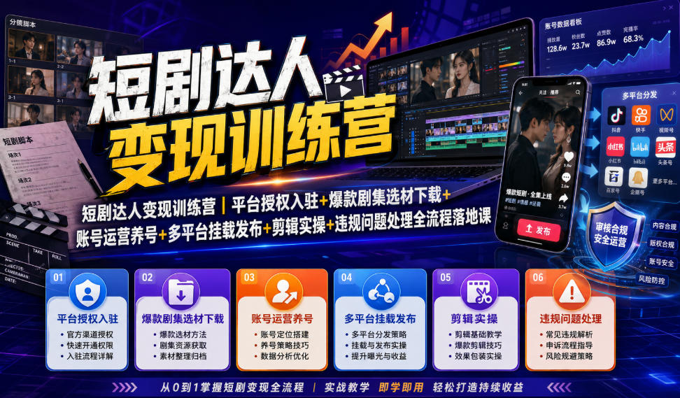 短剧达人变现训练营｜平台授权入驻+爆款剧集选材下载+账号运营养号+多平台挂载发布+剪辑实操+违规问题处理全流程落地课-源创文化