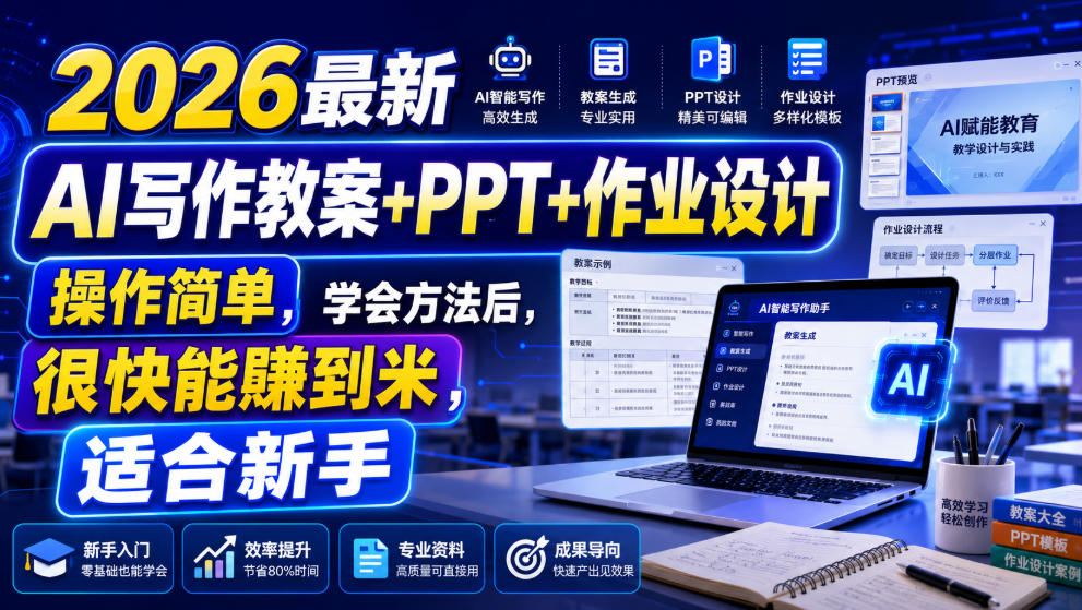 2026最新AI写作教案+PPT+作业设计，操作简单，学会方法后，很快能賺到米，适合新手-源创文化