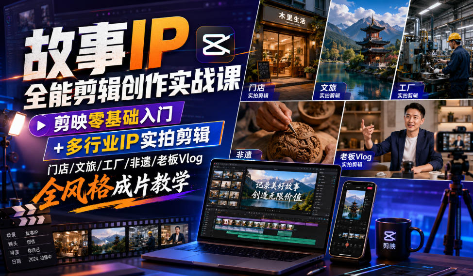 故事IP全能剪辑创作实战课｜剪映零基础入门+多行业IP实拍剪辑，门店/文旅/工厂/非遗/老板Vlog全风格成片教学-源创文化