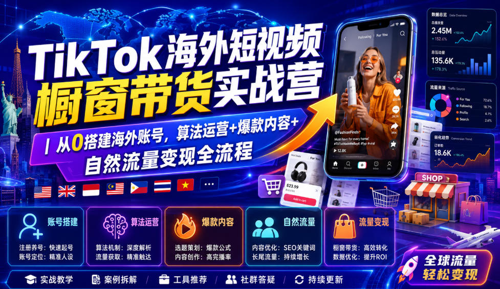 TikTok海外短视频橱窗带货实战营｜从0搭建海外账号，算法运营+爆款内容+自然流量变现全流程-源创文化