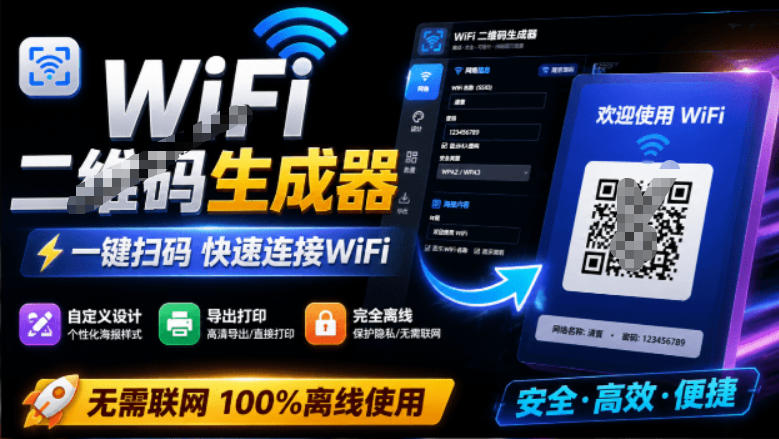 完全离线使用！WiFi二维码生成器，一键扫码快速连接WiFi，支持自定义风格导出WiFi二维码生成器-源创文化
