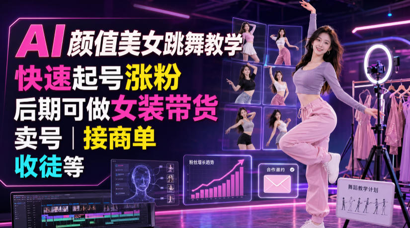 AI颜值美女跳舞教学，快速起号涨粉，后期可做女装带货，卖号，接商单，收徒等-源创文化
