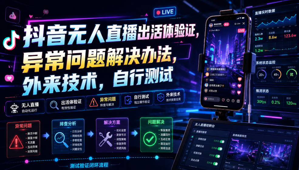 抖音无人直播出活体验证，异常问题解决办法，外来技术，自行测试-源创文化