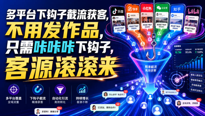 多平台下钩子截流获客，不用发作品，只需咔咔咔下钩子，客源滚滚来-源创文化