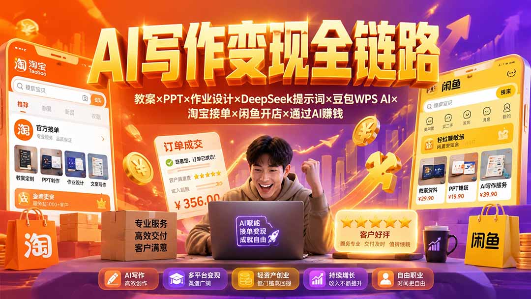 2026AI写作变现全链路：教案×PPT×作业设计×DeepSeek提示词×豆包WPS AI×淘宝接单×闲鱼开店×通过AI賺钱-源创文化