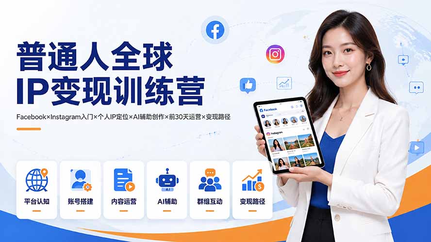 普通人全球IP变现训练营：Facebook×Instagram入门×个人IP定位×AI辅助创作×前30天运营×变现路径-源创文化