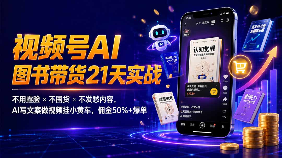繁花视频号AI图书带货21天实战：不用露脸×不囤货×不发愁内容，AI写文案做视频挂小黄车，佣金50%+爆单-源创文化