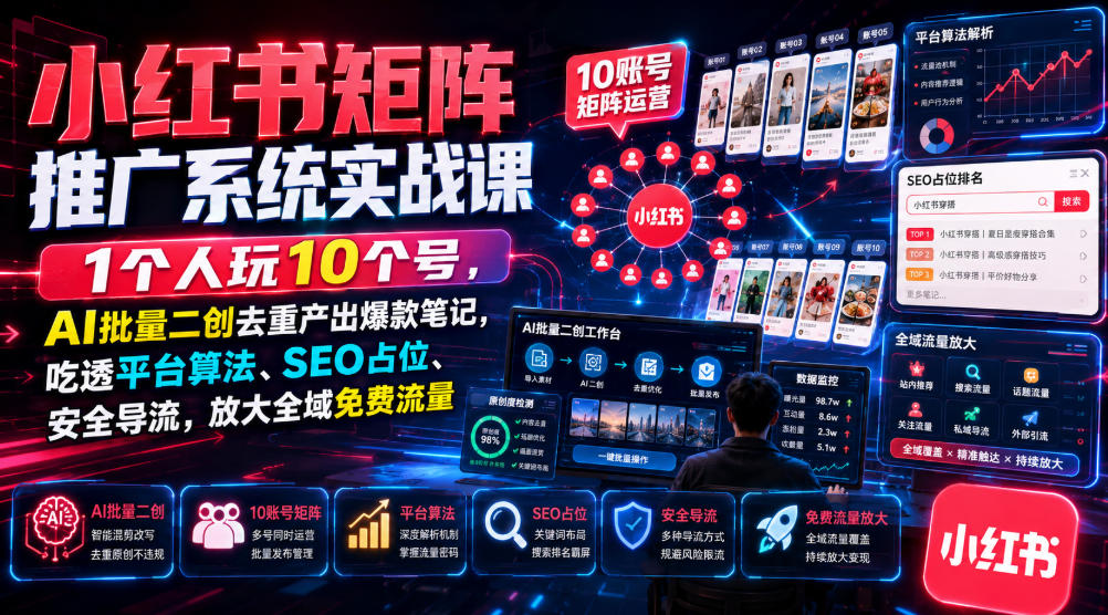 小红书矩阵推广系统实战课｜1个人玩10个号，AI批量二创去重产出爆款笔记，吃透平台算法、SEO占位、安全导流，放大全域免费流量-源创文化