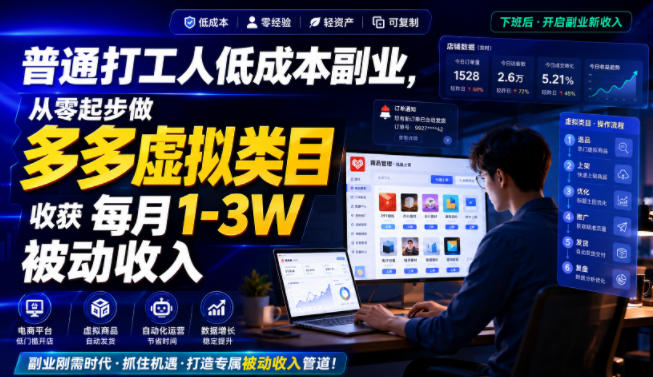 普通打工人低成本副业，从零起步做多多虚拟类目，收获每月1-3W被动收入【揭秘】-源创文化