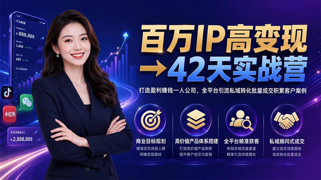 百万IP高变现→42天实战营｜打造盈利赚钱一人公司，全平台引流私域转化批量成交积累客户案例-源创文化