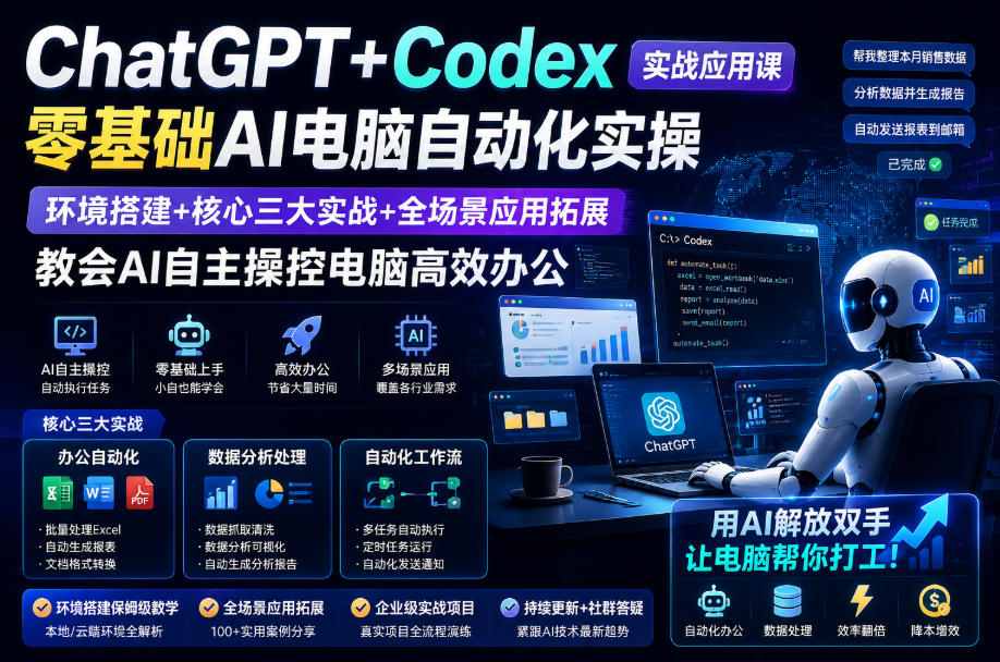ChatGPT+Codex实战应用课｜零基础AI电脑自动化实操，环境搭建+核心三大实战+全场景应用拓展，教会AI自主操控电脑高效办公-源创文化