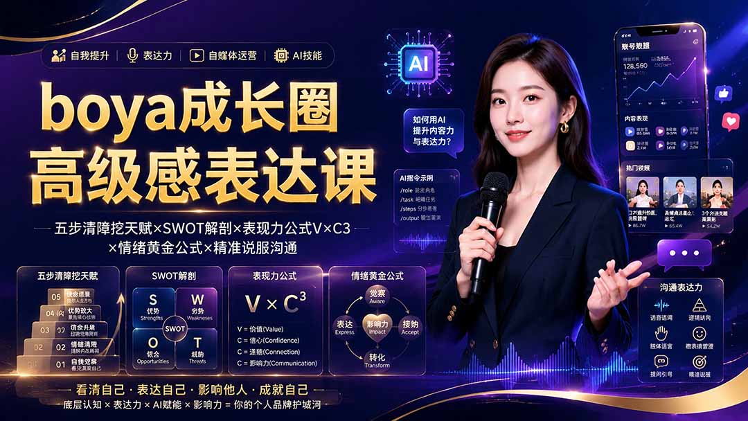 boya成长圈｜内心成长高级表达AI自媒体三合一，消解内耗挖掘天赋，镜头沟通AI指令短视频全流程教学-源创文化
