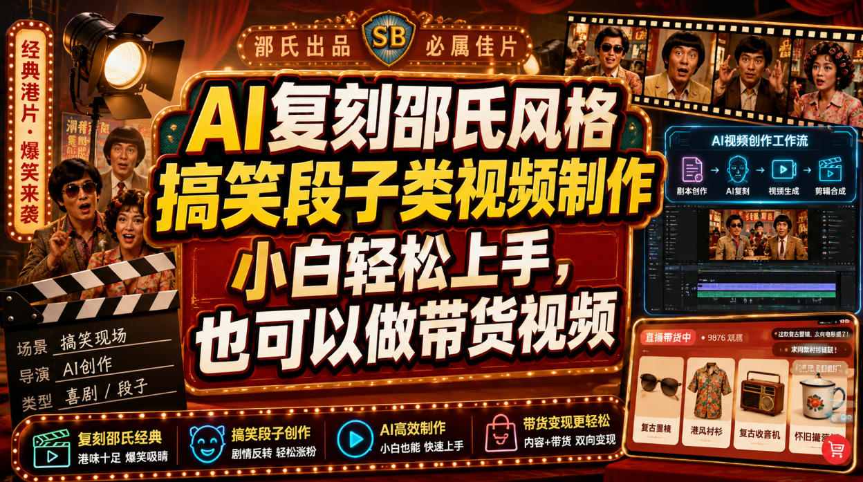 AI复刻邵氏风格搞笑段子类视频制作，小白轻松上手，也可以做带货视频-源创文化