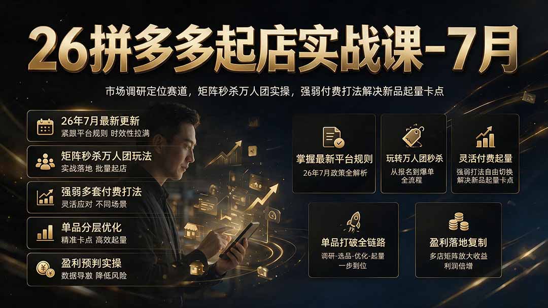 26拼多多起店实战课-7月｜市场调研定位赛道，矩阵秒杀万人团实操，强弱付费打法解决新品起量卡点-源创文化