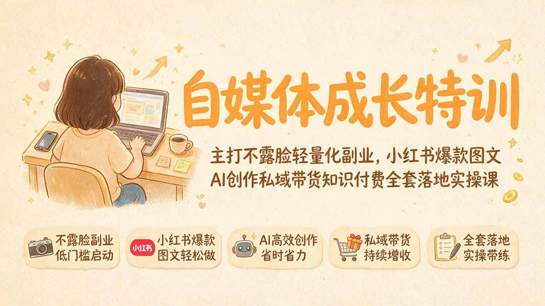 自媒体成长特训｜主打不露脸轻量化副业，小红书爆款图文AI创作私域带货知识付费全套落地实操课-源创文化