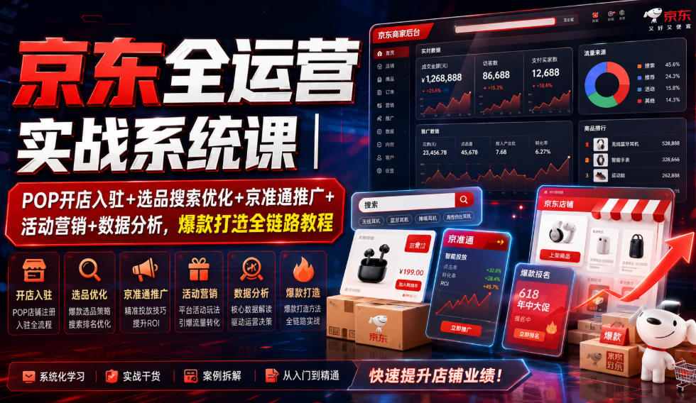 京东全运营实战系统课｜POP开店入驻+选品搜索优化+京准通推广+活动营销+数据分析，爆款打造全链路教程-源创文化