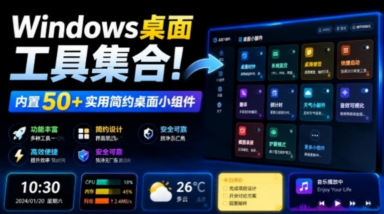 Windows桌面工具集合！内置50+实用简约桌面小组件，含截图、录屏、翻译、天气等，多秘工具箱-源创文化