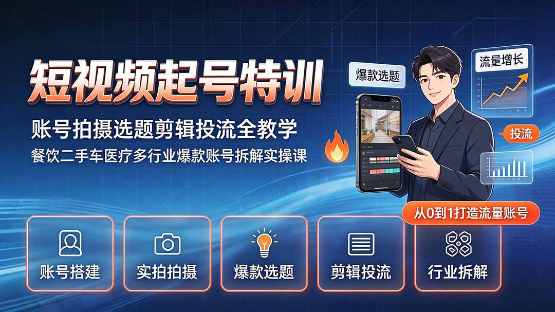 短视频起号特训｜账号拍摄选题剪辑投流全教学，餐饮二手车医疗多行业爆款账号拆解实操课-源创文化
