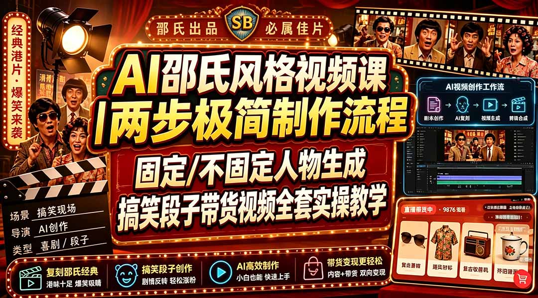 AI邵氏风格视频课｜两步极简制作流程，固定/不固定人物生成，搞笑段子带货视频全套实操教学-源创文化