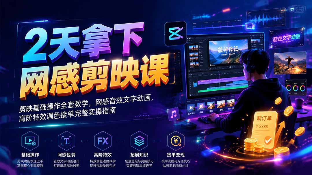 2天拿下网感剪辑课｜剪映基础操作全套教学，网感音效文字动画，高阶特效调色接单完整实操指南-源创文化