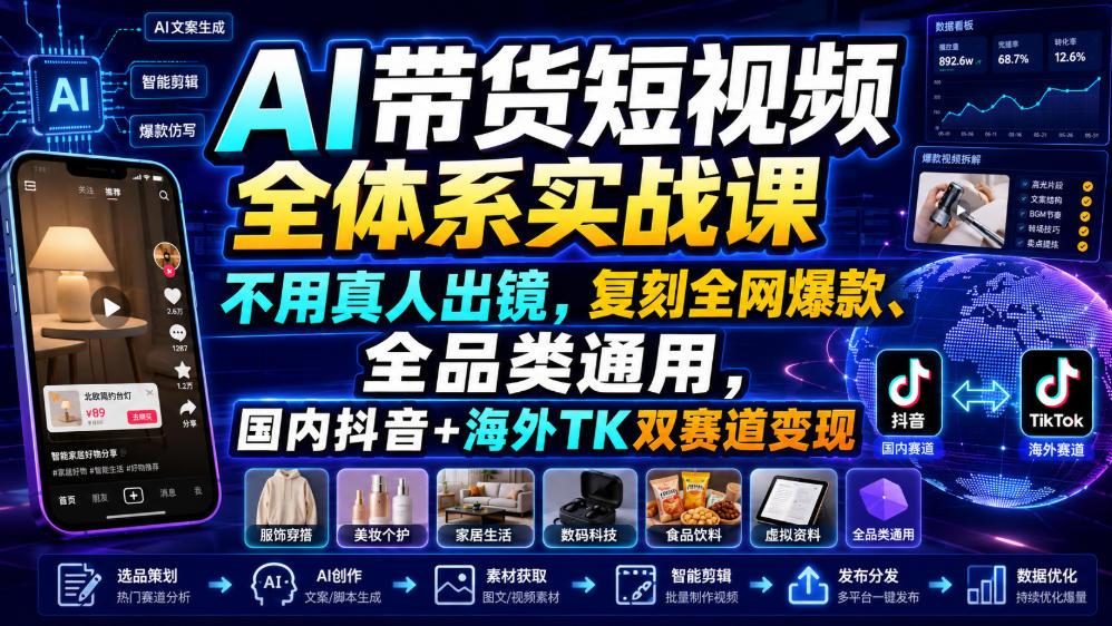 AI带货短视频全体系实战课，不用真人出镜，复刻全网爆款、全品类通用，国内抖音+海外TK双赛道变现-源创文化