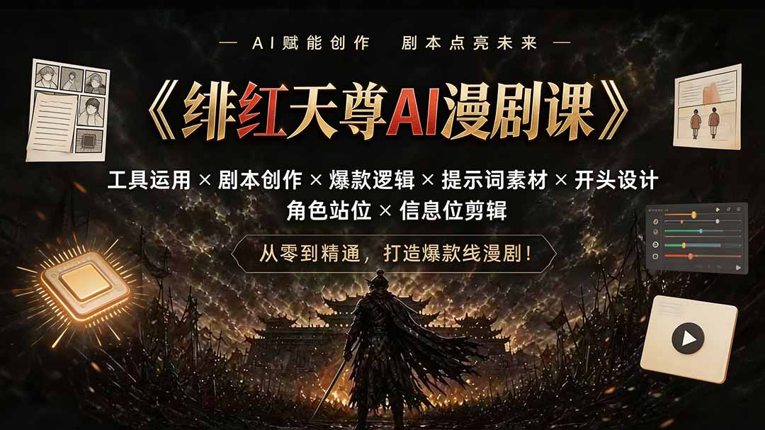 绯红天尊AI漫剧课｜工具运用×剧本创作×爆款逻辑×提示词素材×开头设计×角色站位×信息位剪辑-源创文化