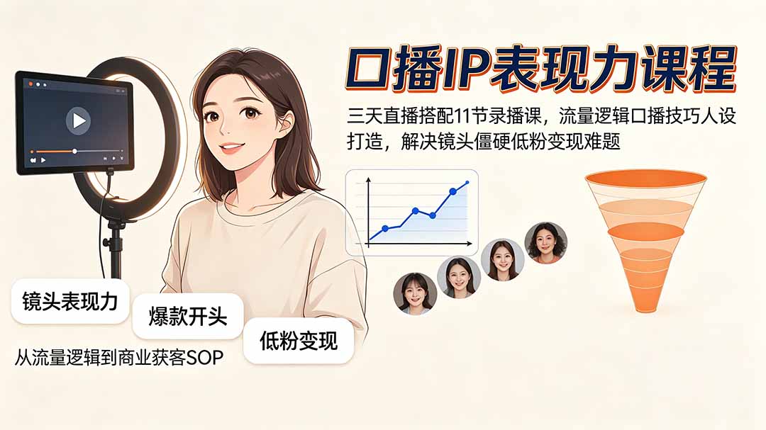 口播IP表现力课程｜三天直播搭配11节录播课，流量逻辑口播技巧人设打造，解决镜头僵硬低粉变现难题-源创文化