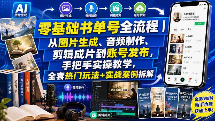 零基础书单号全流程｜从图片生成、音频制作、剪辑成片到账号发布，手把手实操教学，全套热门玩法+实战案例拆解-源创文化